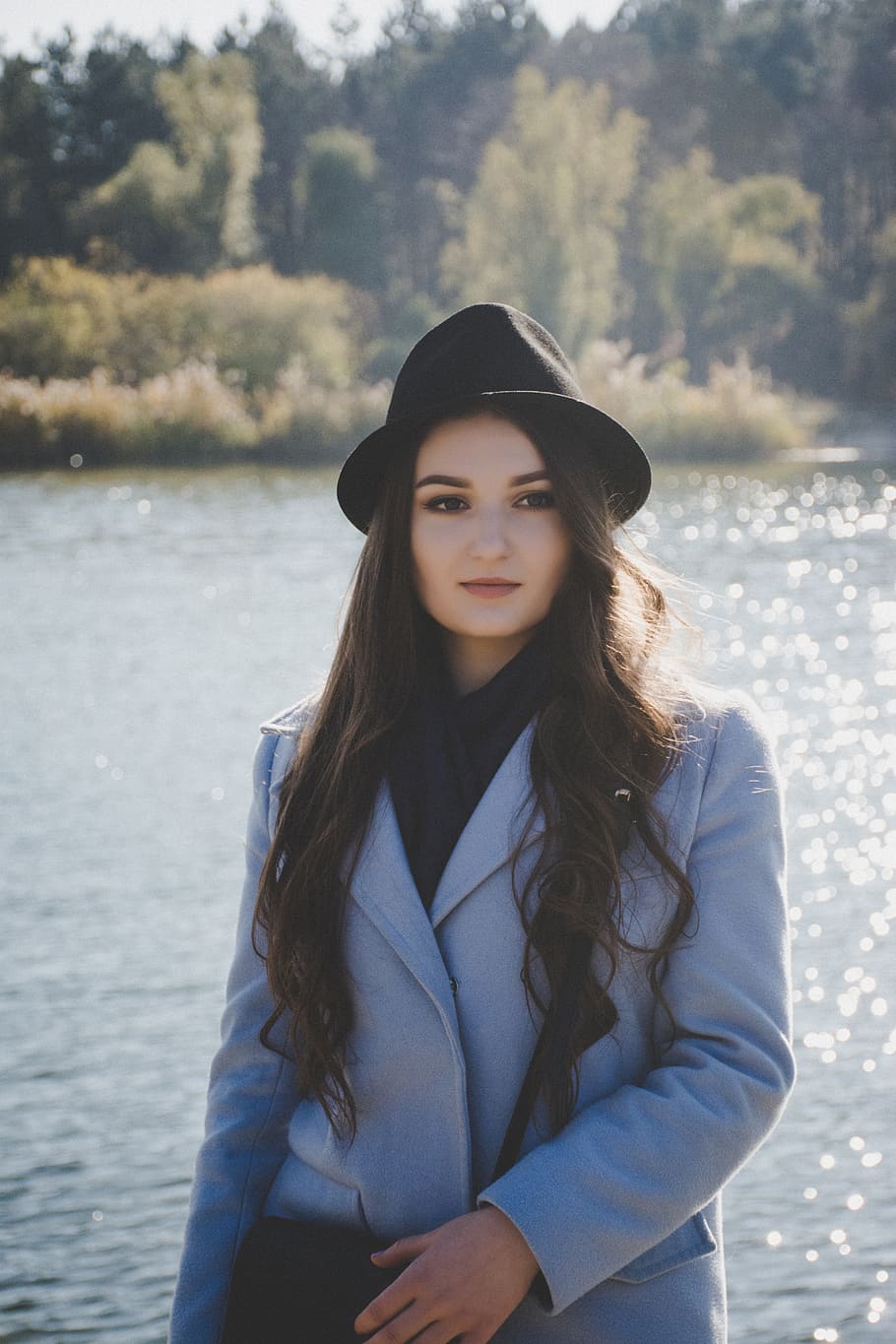 lake, forest, nature, hat, water, sun, sunlight, sunglow, longhair HD wallpaper