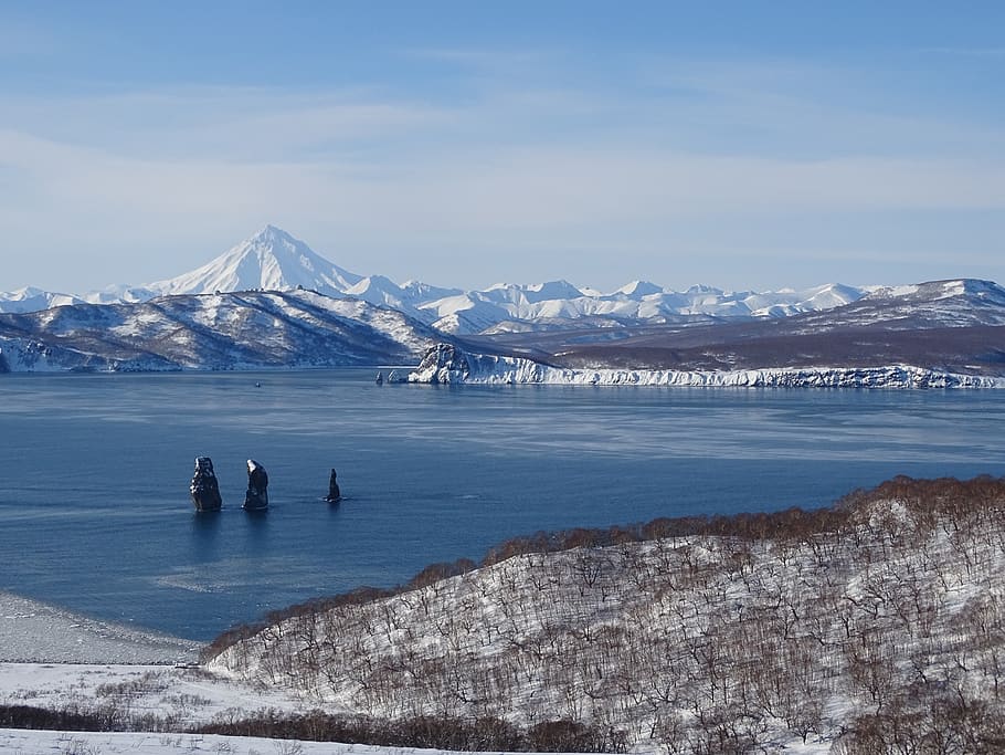 ocean, bay, rocks, beach, sea, winter, ice, three brothers HD wallpaper