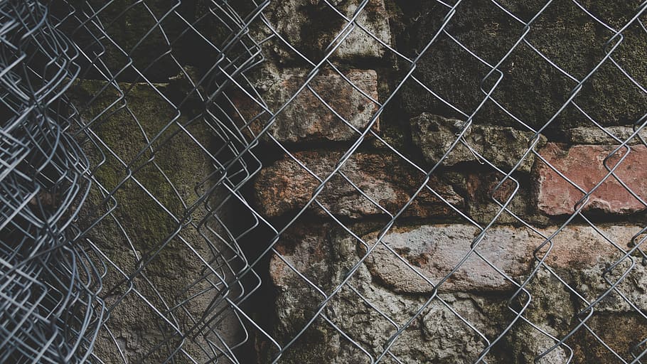 Gray Steel Chained Link Fence, bricks, chain link fence, close-up HD wallpaper