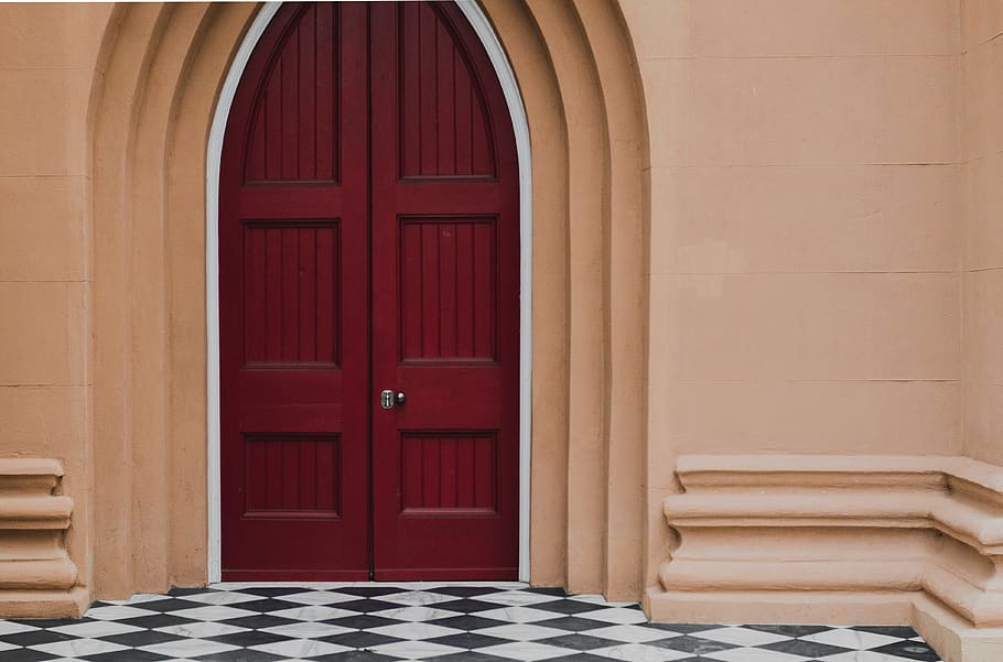 closed red wooden door, architecture, entrance, building exterior HD wallpaper