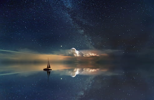 black sailing boat digital wallpaper, cloud, star, night, milky way HD wallpaper
