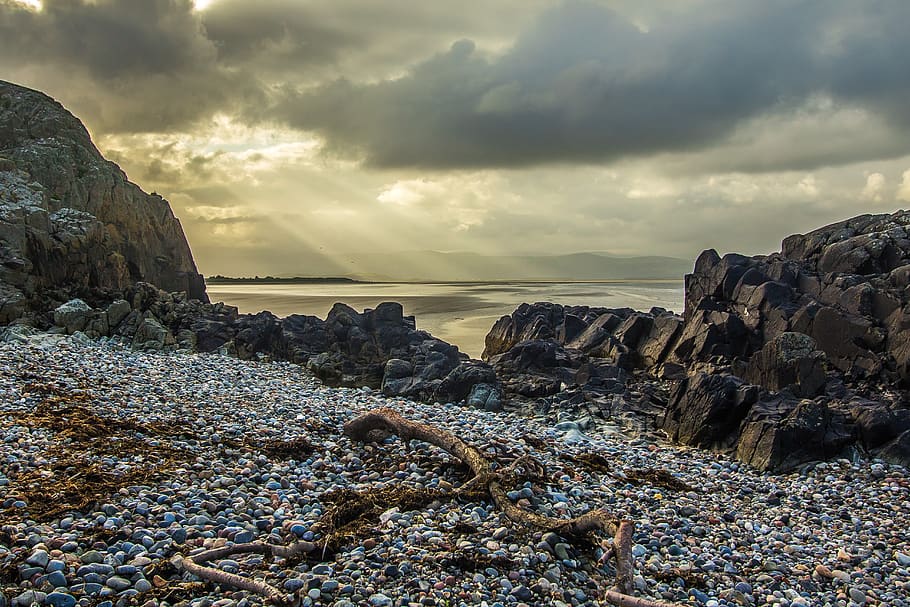Grey Rock Formation Under Nimbus Clouds, beach, coast, dawn, landscape HD wallpaper