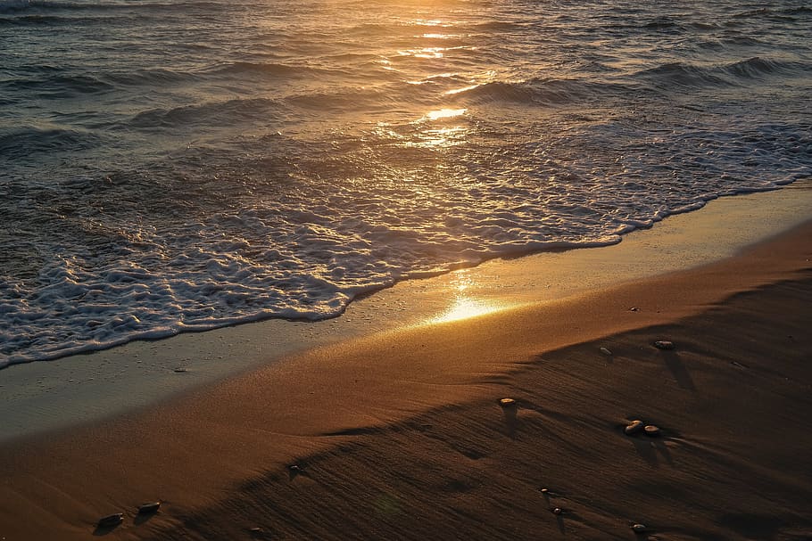 beach, sunset, sea, sand, reflection, abendstimmung, water HD wallpaper