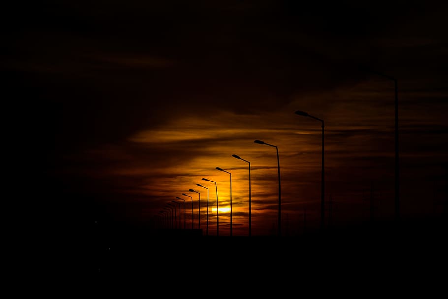 silhouette street lights during sunset, cloud, dark, night, streetlamp, HD wallpaper