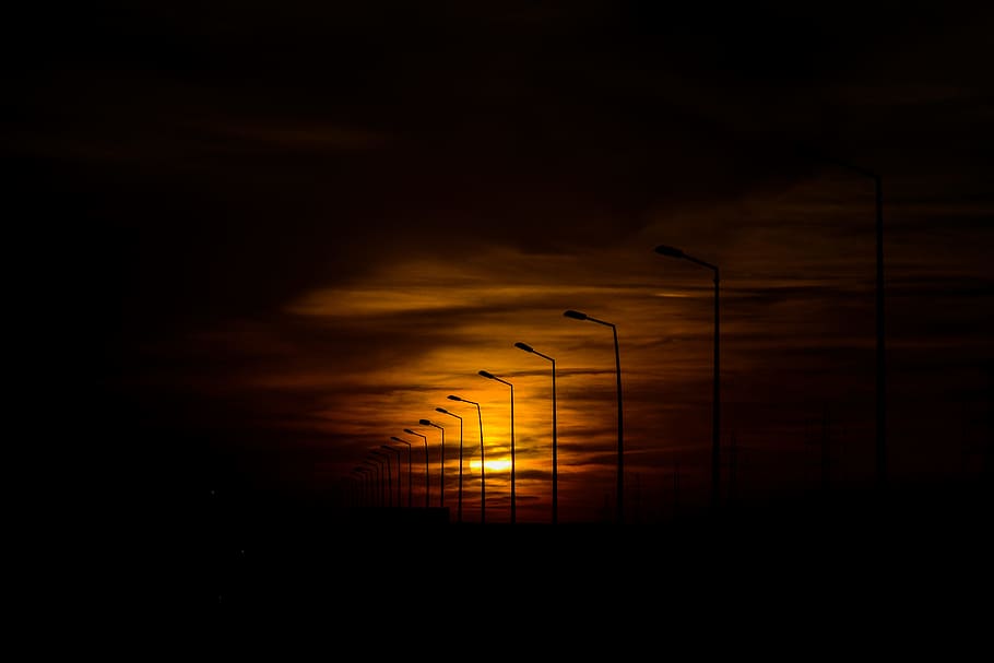 silhouette street lights during sunset, cloud, dark, night, streetlamp HD wallpaper