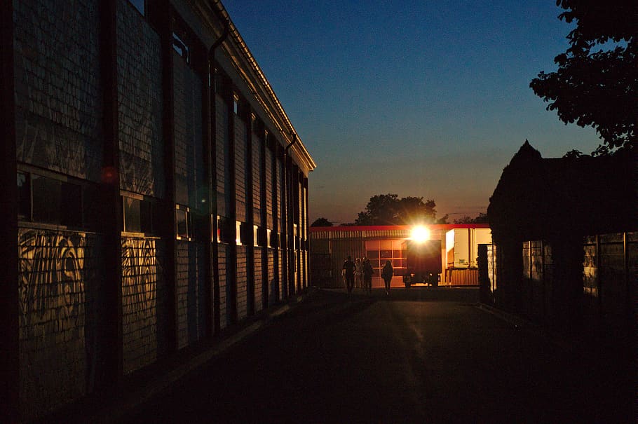 industrial, light, evening, night, people, factory, architecture HD wallpaper