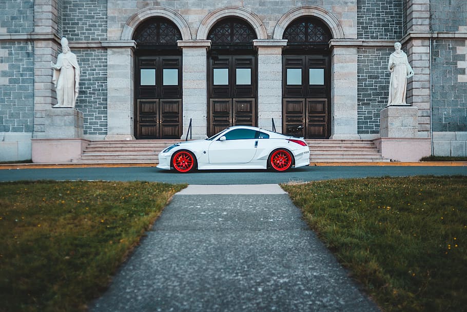white car parked outside building, steps, vehicle, sports car, HD wallpaper