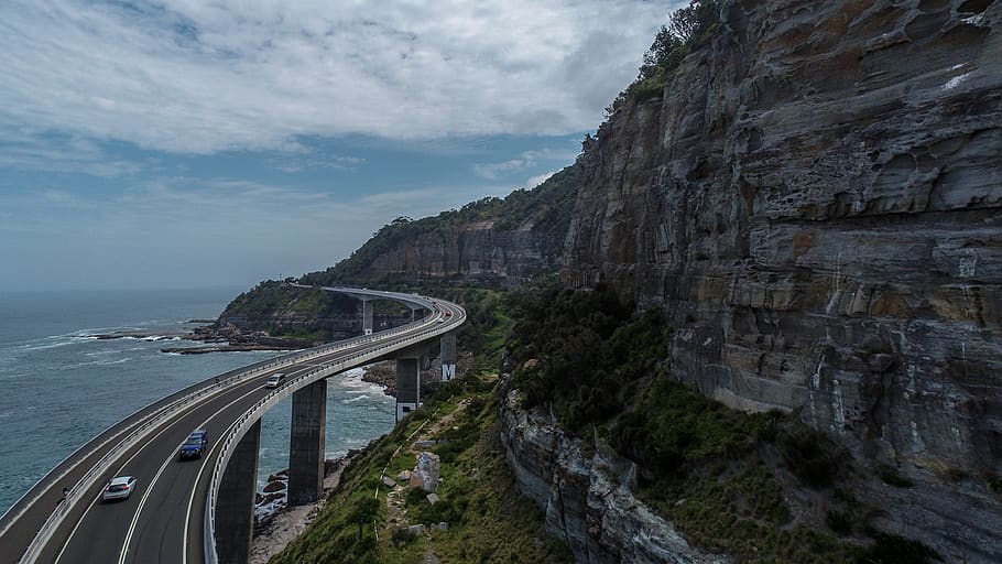road, way, overpass, boat, vehicle, transportation, cliff, nature HD wallpaper