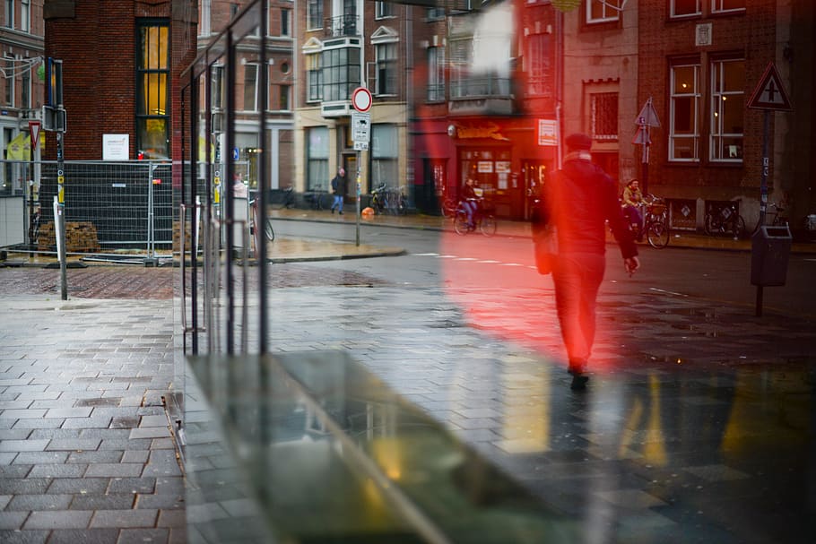 Man Walking on Road Reflected on Glass Window, architecture, blur