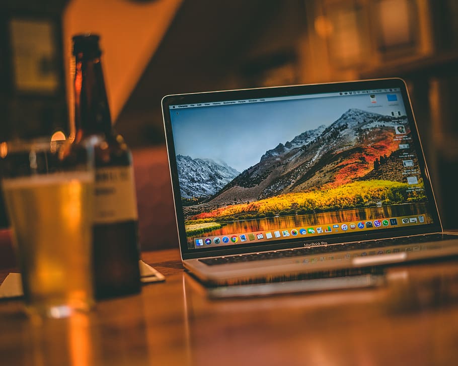 gray laptop beside glass bottle, alcohol, drink, beverage, beer bottle, HD wallpaper
