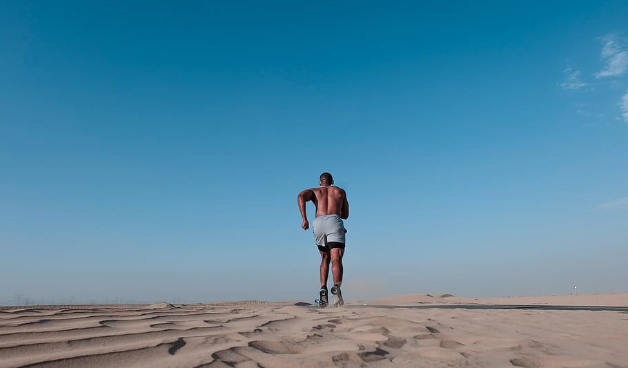 black, man, running, desert, fitness, health, speed, blue sky HD wallpaper