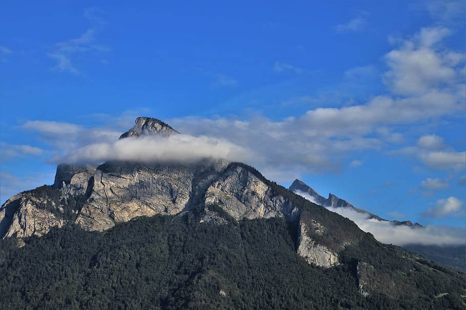 top, mountains, rocks, clouds, array, sky, forests, blue sky HD wallpaper