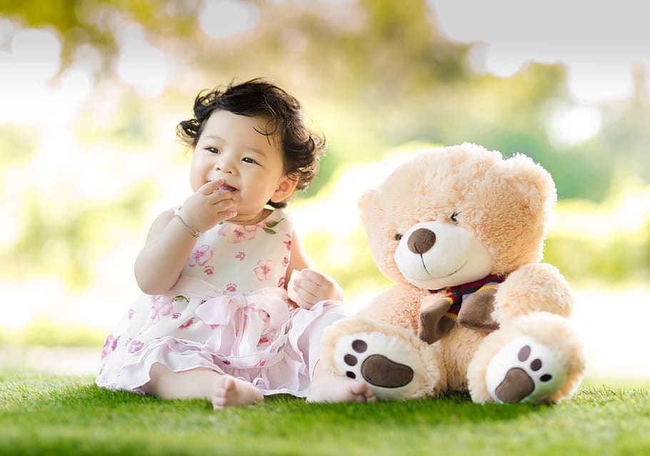 Baby Sitting on Green Grass Beside Bear Plush Toy at Daytime, HD wallpaper