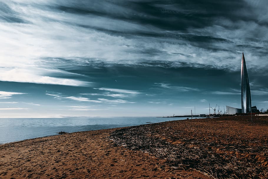 sand, sea, sky, clouds, beach, fall, building, skyscraper, water HD wallpaper
