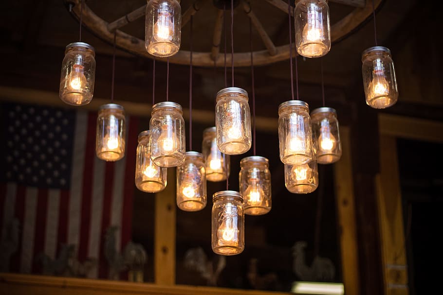clear glass mason jar hanging lamp turned on, light, chandelier HD wallpaper