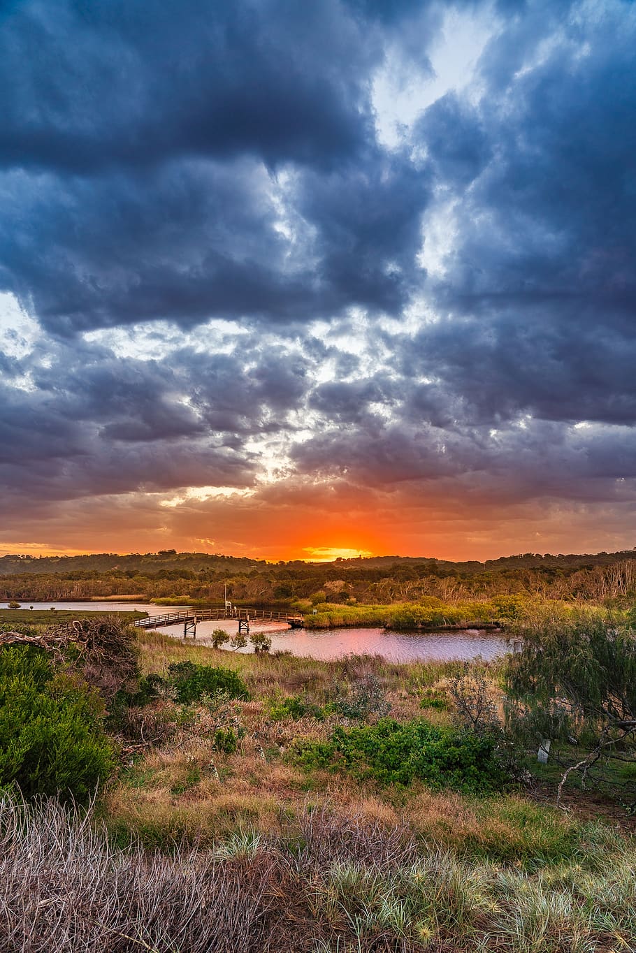 sunset, bridge, creek, river, water, evening, lights, landscape HD wallpaper