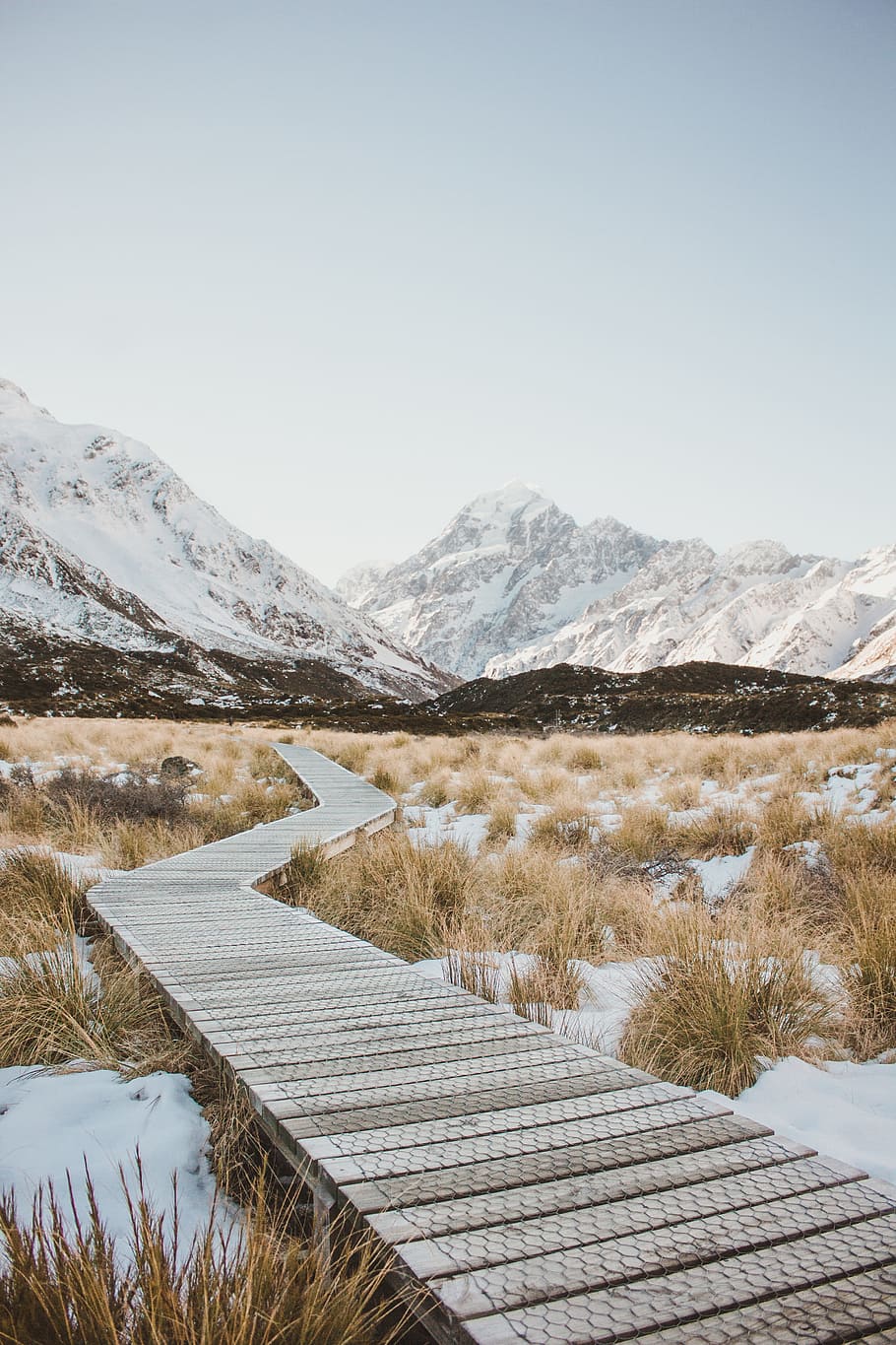 brown wooden bridge and brown grass, mountain, field, snow, winter HD wallpaper