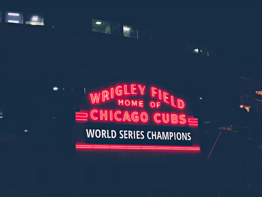 marquee, sign, night, north side, chicago, cub, chicago cub, HD wallpaper
