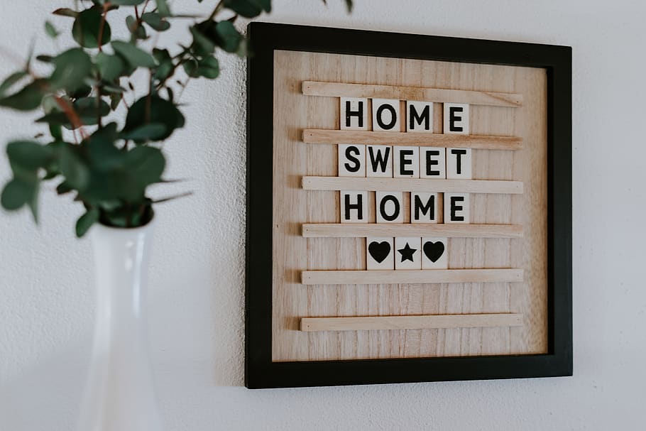 brown home sweet home wall frame, wood, symbol, plant, vase, heart