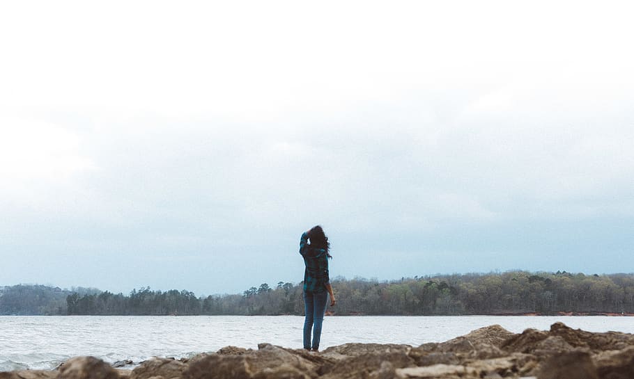 cloudy, wind, blowing, hair, searching, looking, girl, woman HD wallpaper