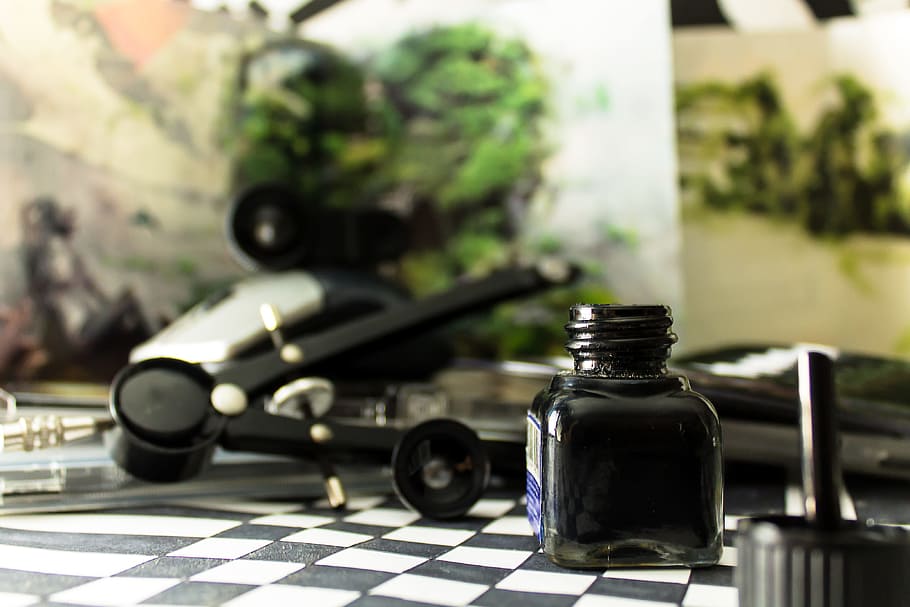 Black Glass Bottle on White and Black Checked Board, blur, business HD wallpaper