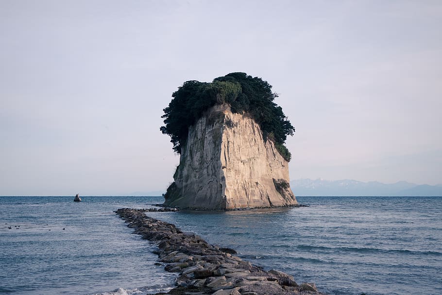 japan, suzu, mitsukejima, islet, ocean, small island, sea, sky HD wallpaper