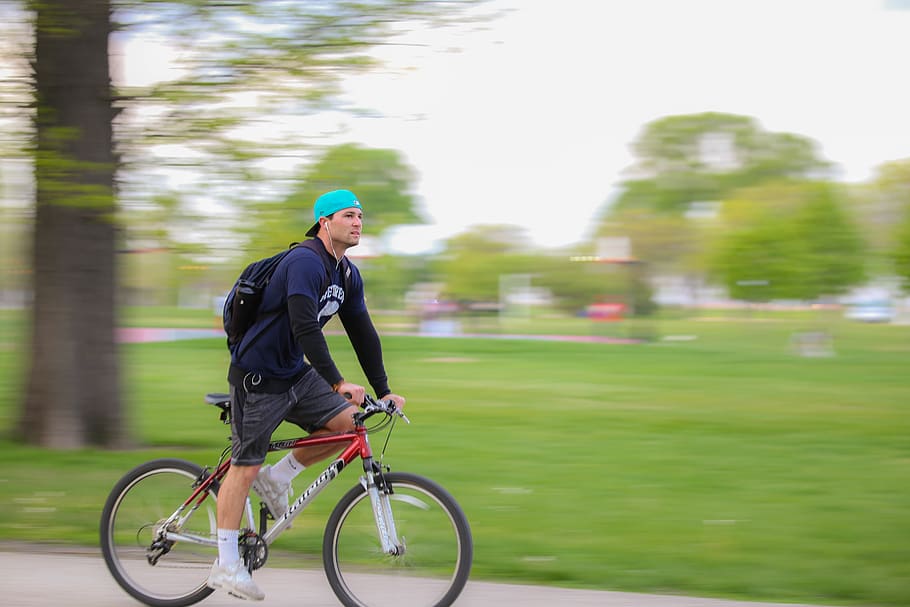man, biker, chicago, tree, park, bicycle, one person, sport HD wallpaper