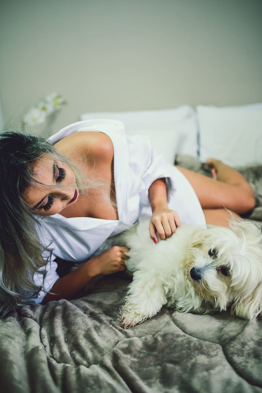 Woman Lying Beside Long-coated White Dog, animal, bed, bedroom, HD wallpaper