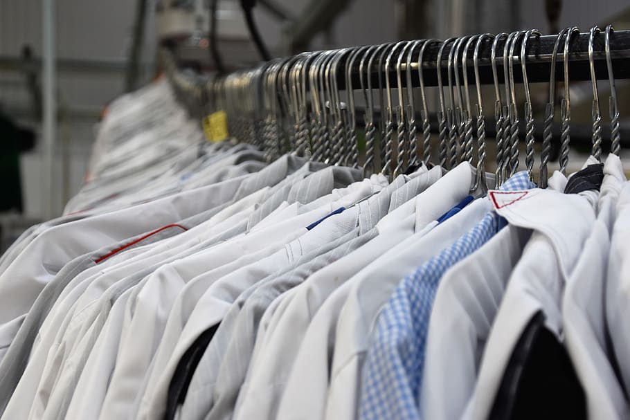 white top, hanging, coathanger, rack, clothing, in a row, textile HD wallpaper