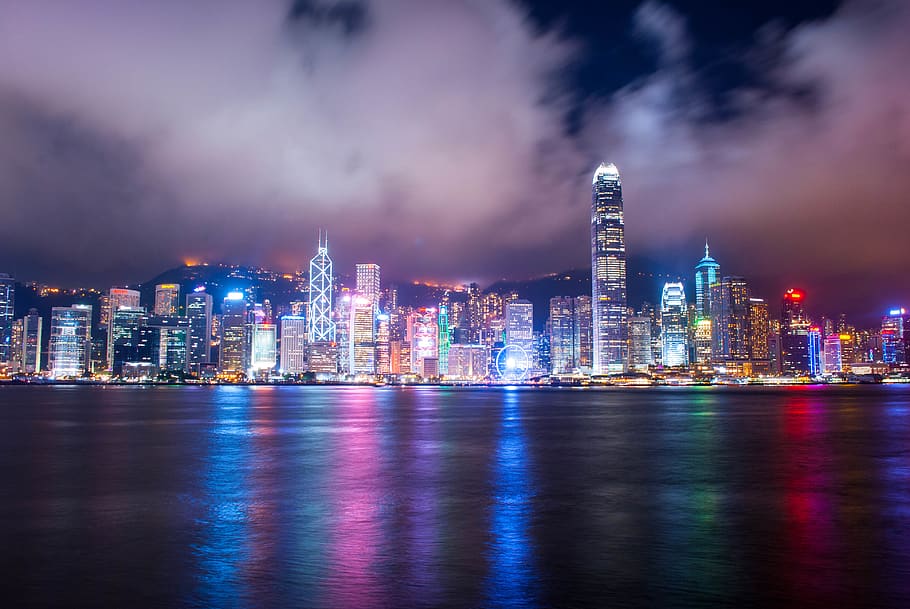 hong kong, victoria harbour, buildings, cityscape, night, skyscraper, HD wallpaper