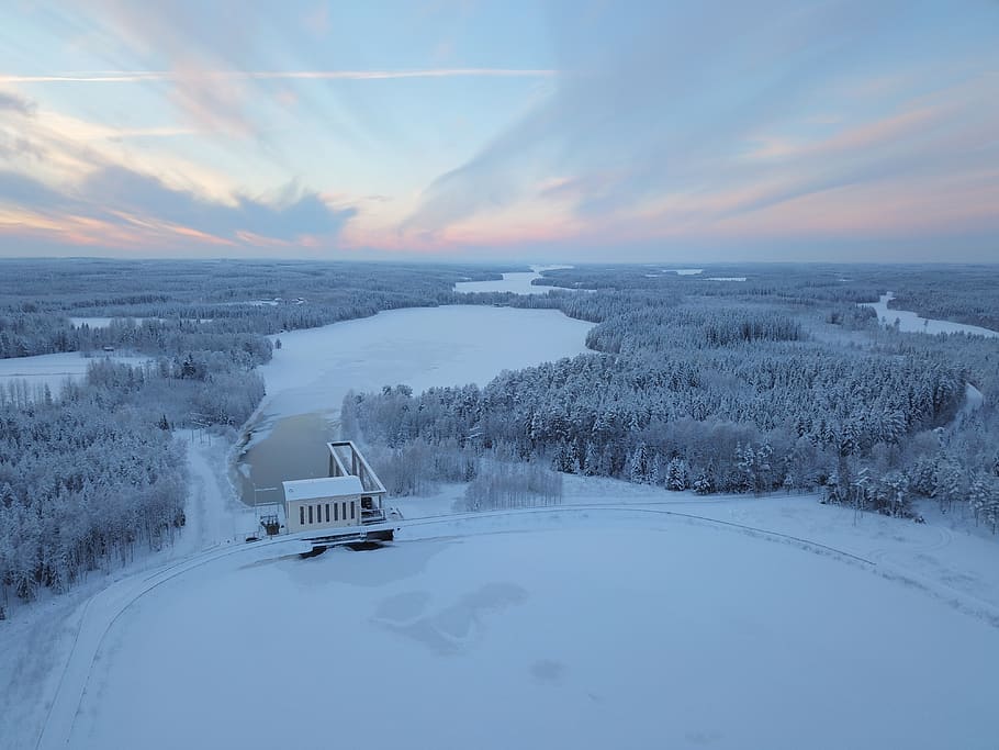 winter, sunset, landscape, sky, snow, cold, nature, wood, clouds HD wallpaper