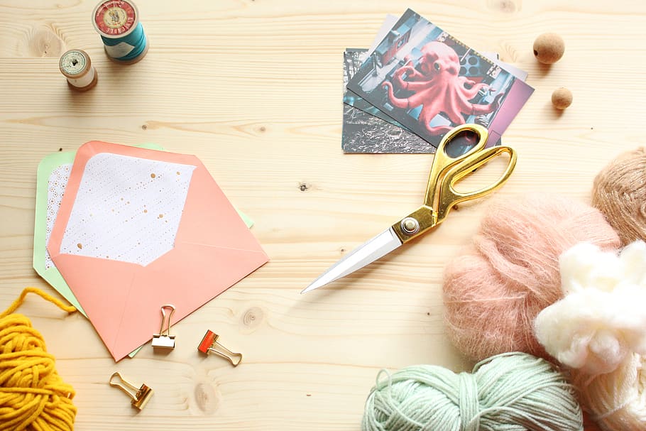 craft, wool, postcard, create, enveloppe, scissors, stationnery