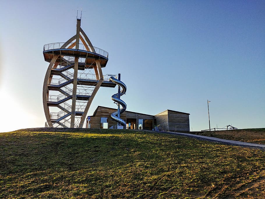observation tower, slide, summit, meadow, nature, landscape HD wallpaper