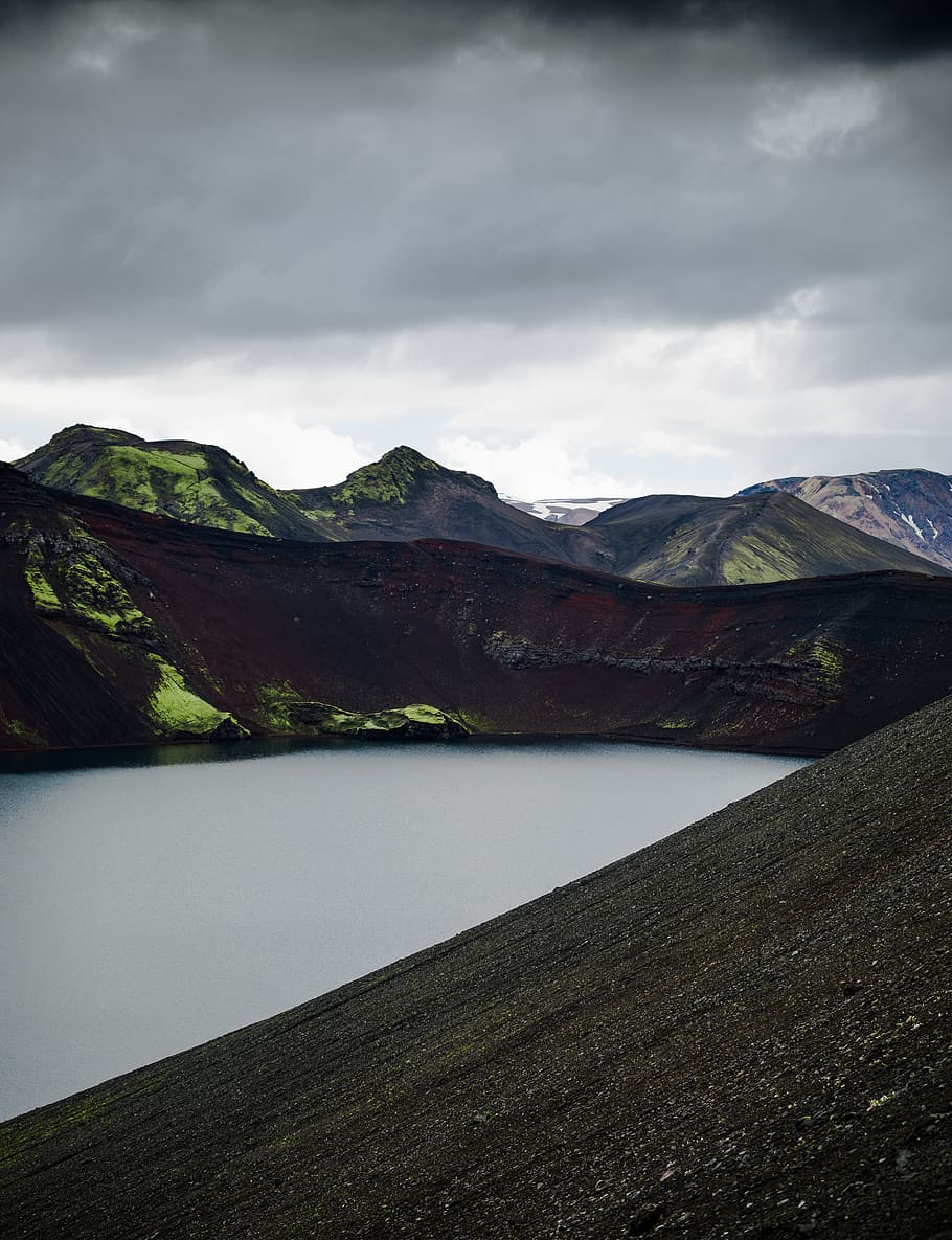 scenery of mountain hill, lake, cloud, overcast, landscape, peak HD wallpaper