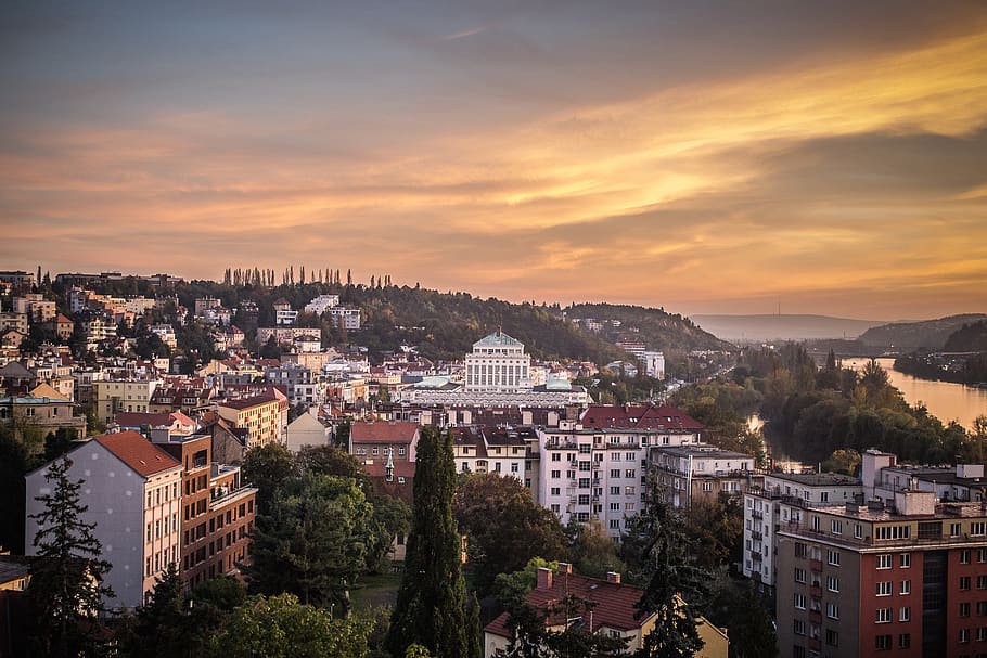 fade, river, prague, city, panorama, twilight, clouds, building exterior HD wallpaper