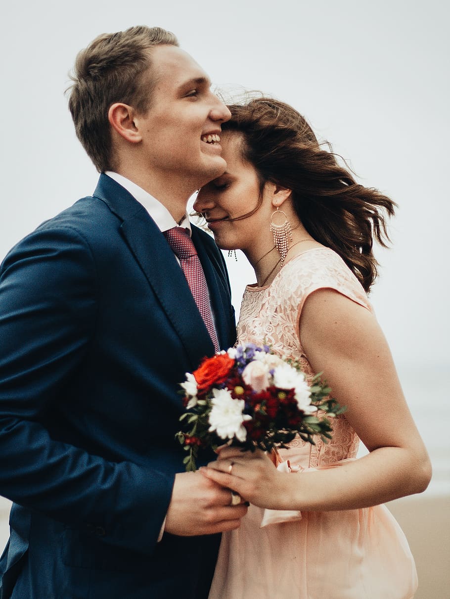 groom hugging bride, love, flowering plant, two people, togetherness HD wallpaper