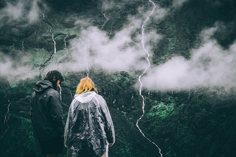 mountain, top, peak, couple, people, man, woman, love, rain HD wallpaper