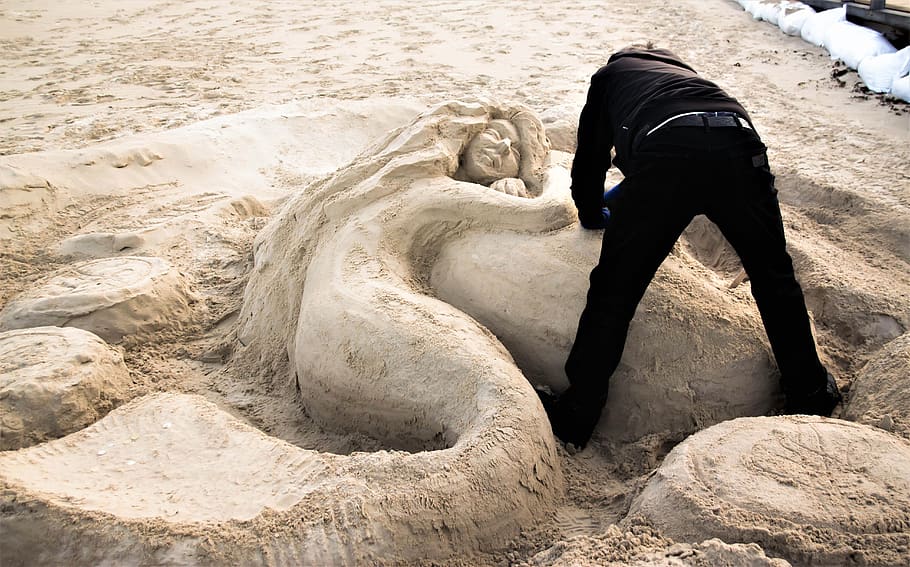 sand sculpture, art, beach, autumn, the figure of the mermaid