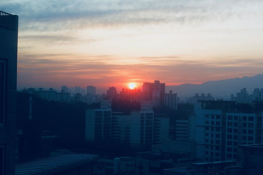 sunrise, korea, building exterior, architecture, city, sky HD wallpaper
