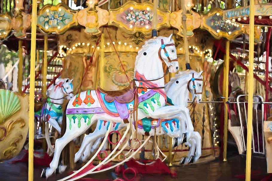 carousel, horse, object, figure, ride, park, representation HD wallpaper