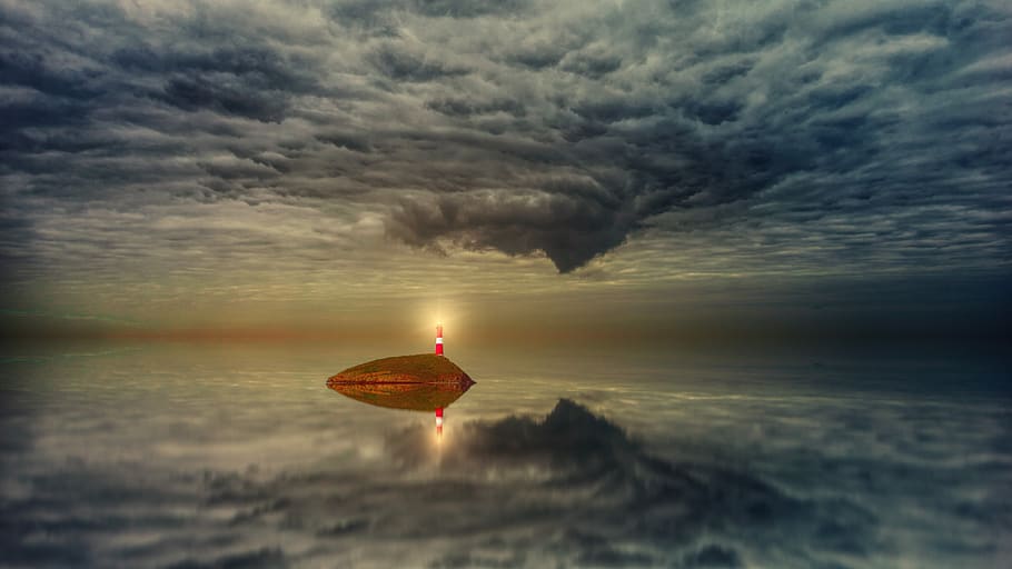 sunset, ocean, island, lighthouse, clouds, dramatic, sea, water HD wallpaper