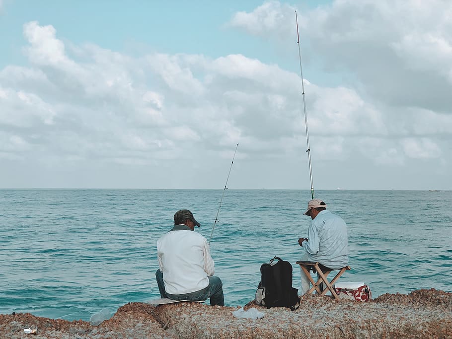 two man fishing on sea, people, person, human, leisure activities, HD wallpaper