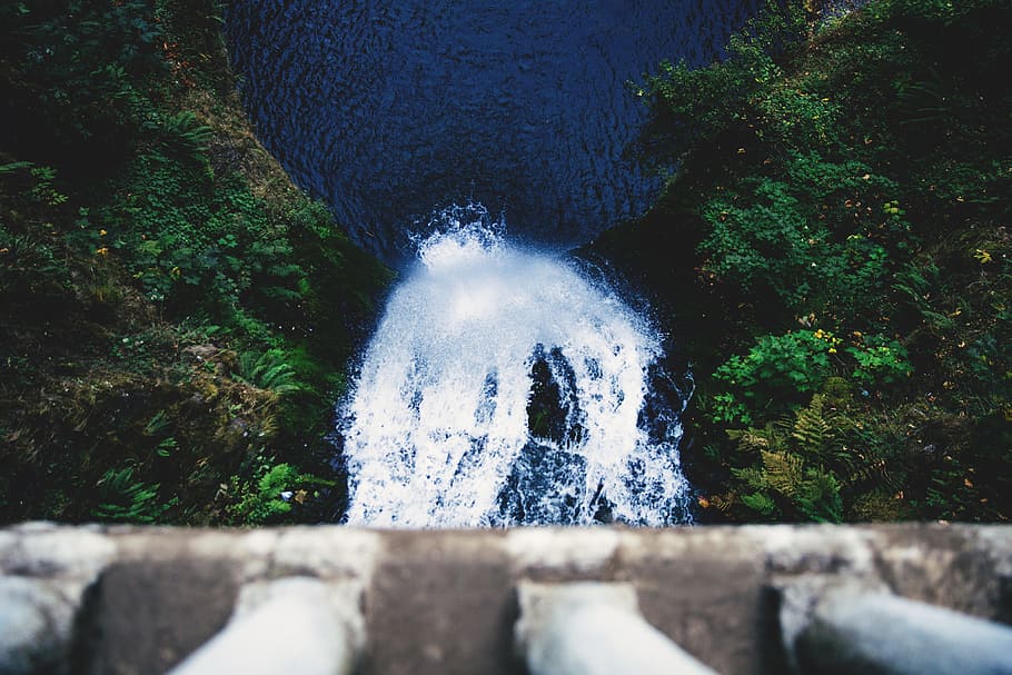 water, falls, river, lake, woods, forest, green, blue, travel HD wallpaper