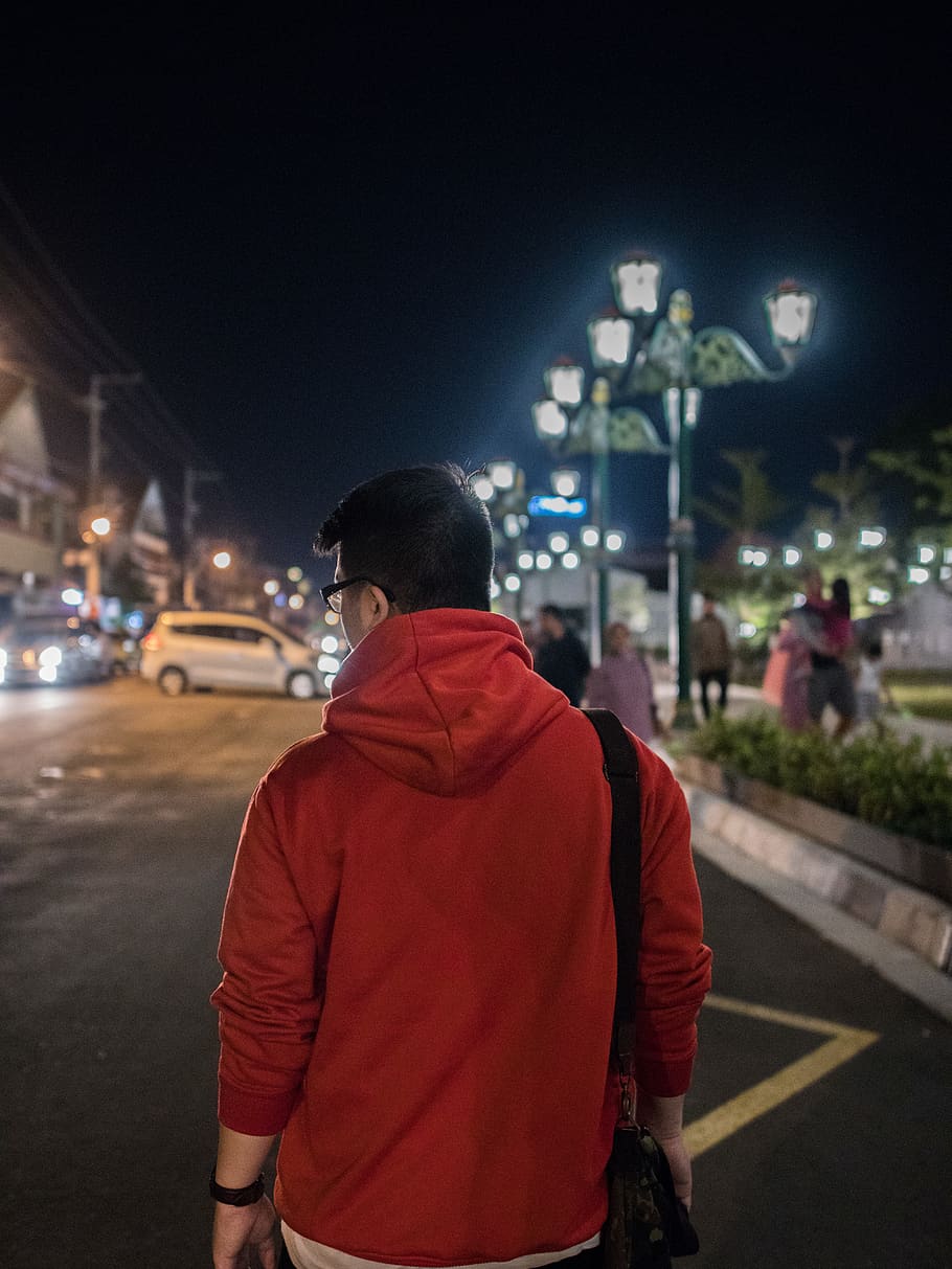 man, standing, red, outfit, street, indonesia, rear view, night HD wallpaper
