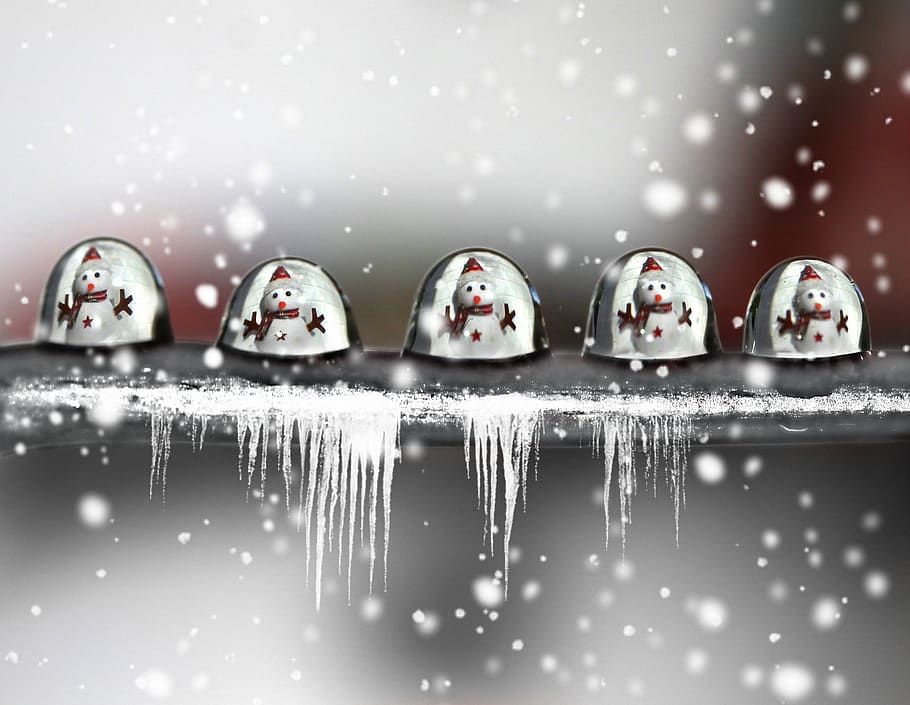 drops, snowman, refractive, macro, frozen, water, nature, no people HD wallpaper
