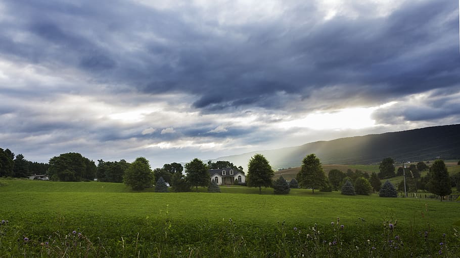 house, mountain, tree, farm, landscape, sunrise, plant, cloud - sky HD wallpaper