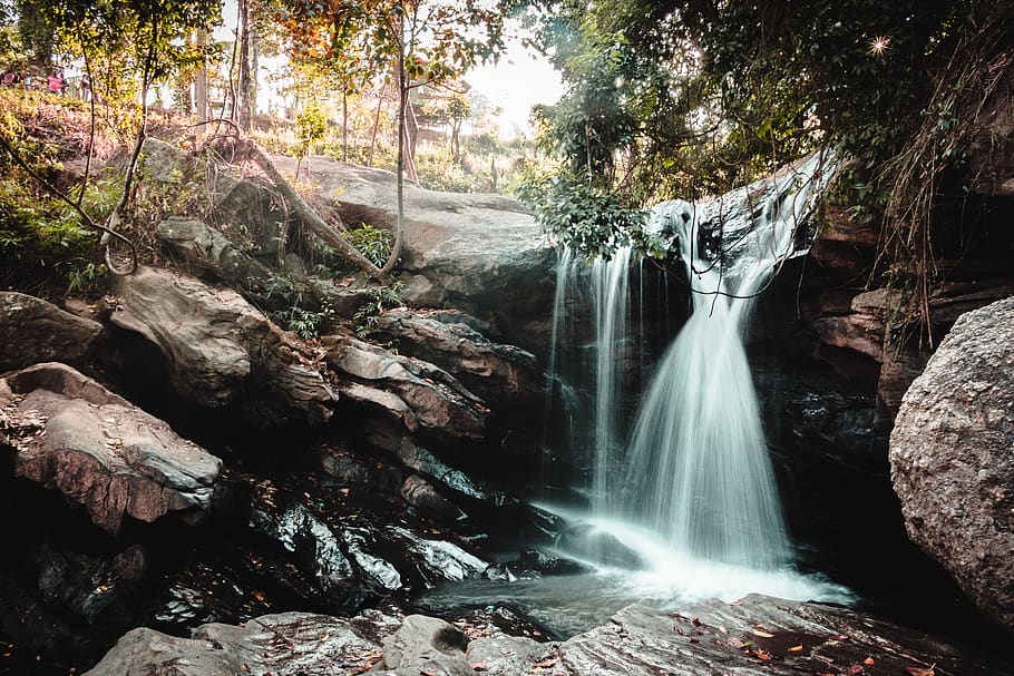 waterfall surrounded by trees, outdoors, nature, river, plant HD wallpaper