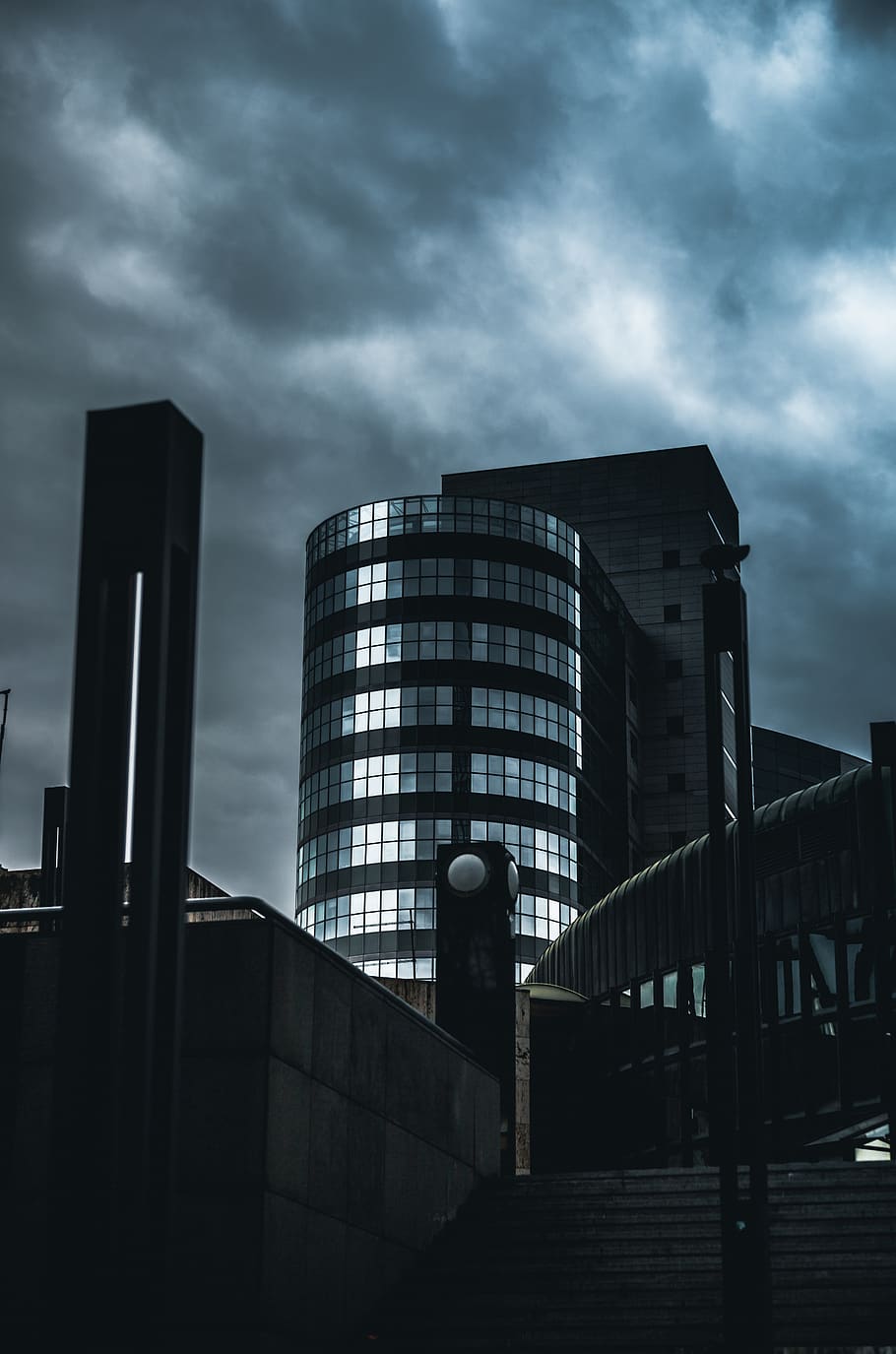 grey clouds above building, office building, urban, nature, weather HD wallpaper
