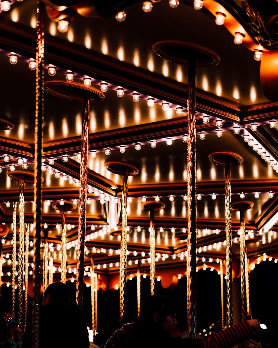 lights of carousel, amusement park, leisure activities, silhouette