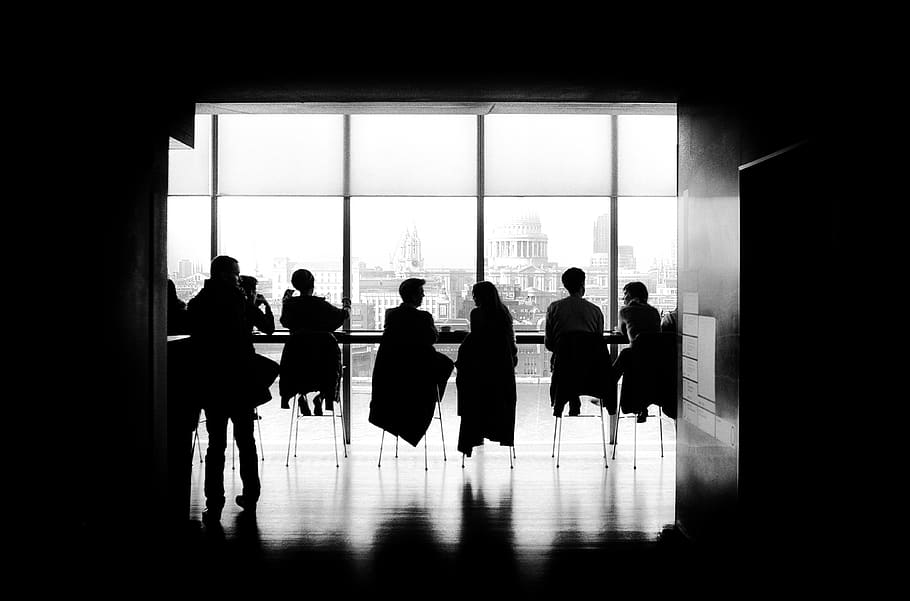 people sitting on chairs, window, indoors, group of people, silhouette HD wallpaper